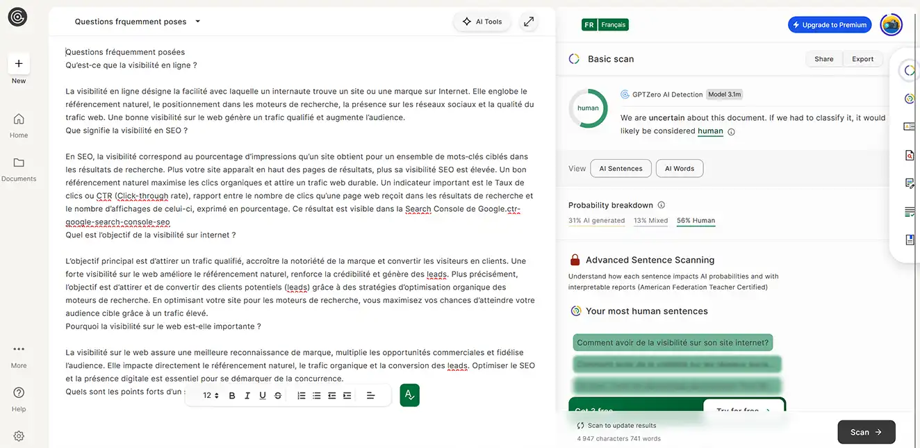 gptzero-faq : taux “humain” supérieur à 50 %