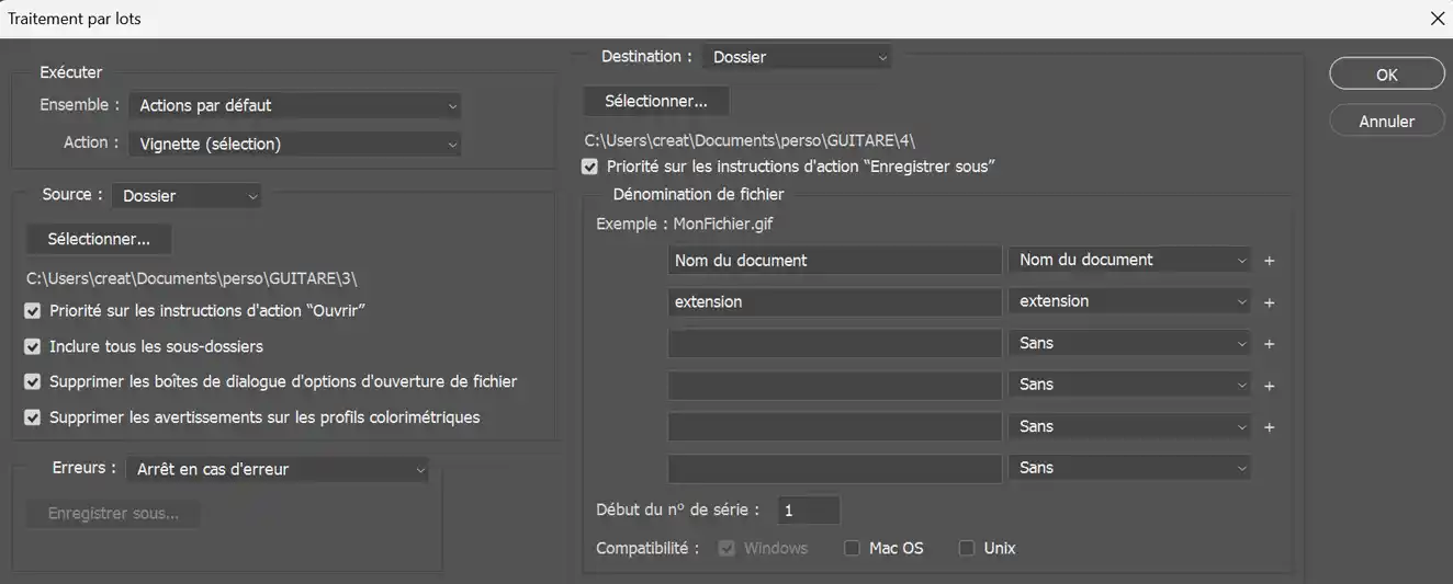 formation Photoshop : fenêtre d'automatisation des tâches avec la fonctionnalité actions-script