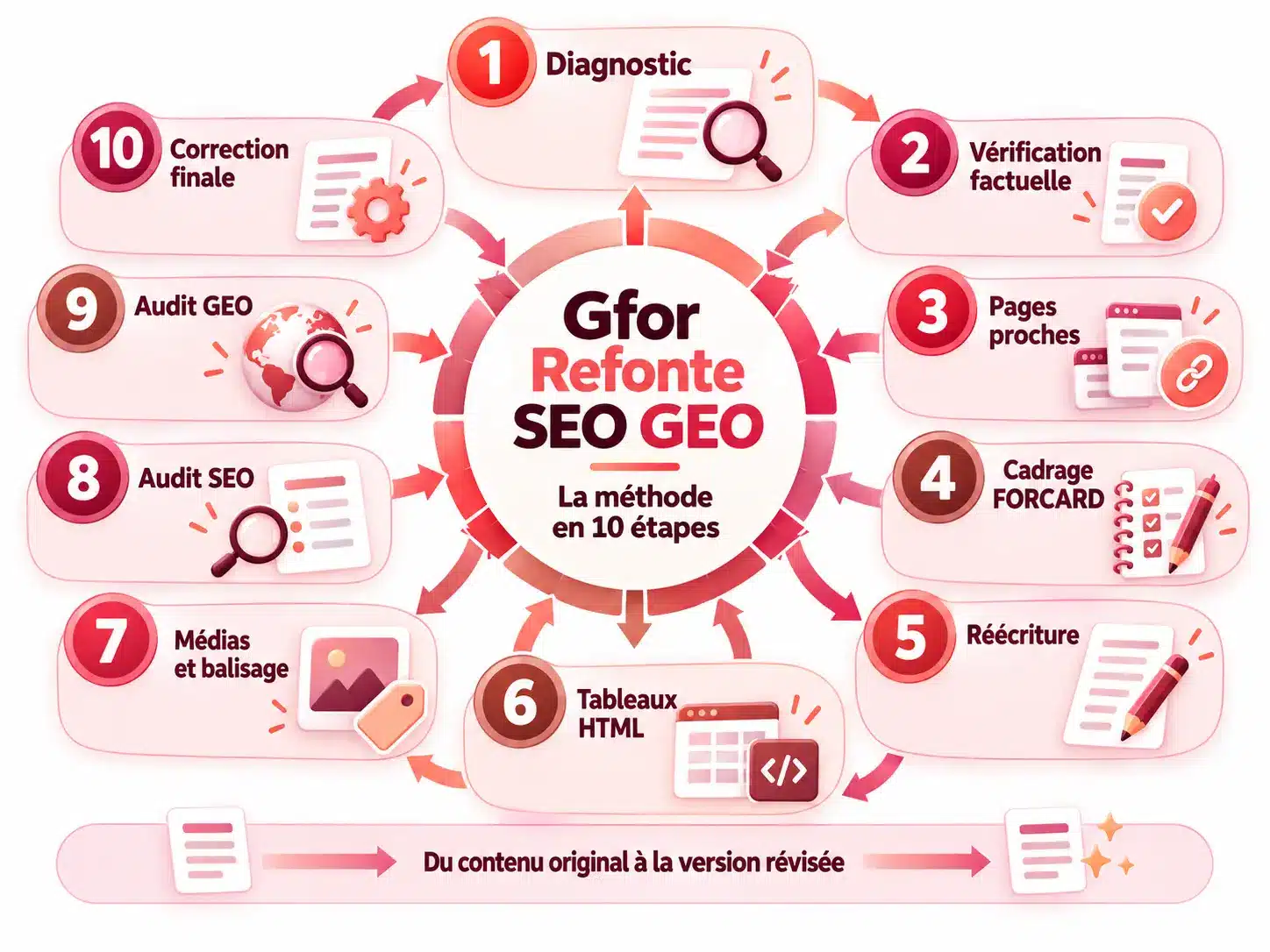 Schéma des dix étapes de Gfor Refonte SEO GEO, du diagnostic du contenu à la correction finale.