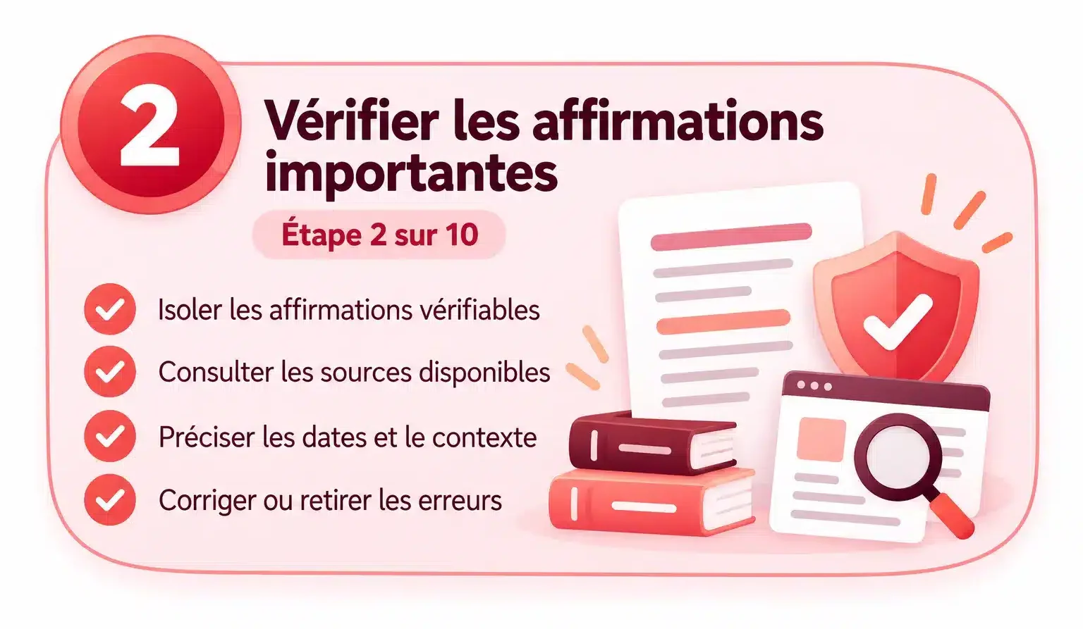 Étape 2 : isoler les affirmations vérifiables, consulter les sources, préciser le contexte et corriger les erreurs.