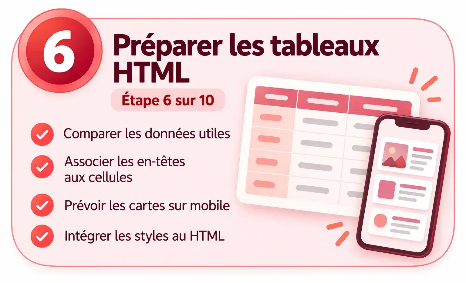 Étape 6 : préparer des tableaux HTML avec en-têtes associés aux cellules, cartes mobiles et styles intégrés.