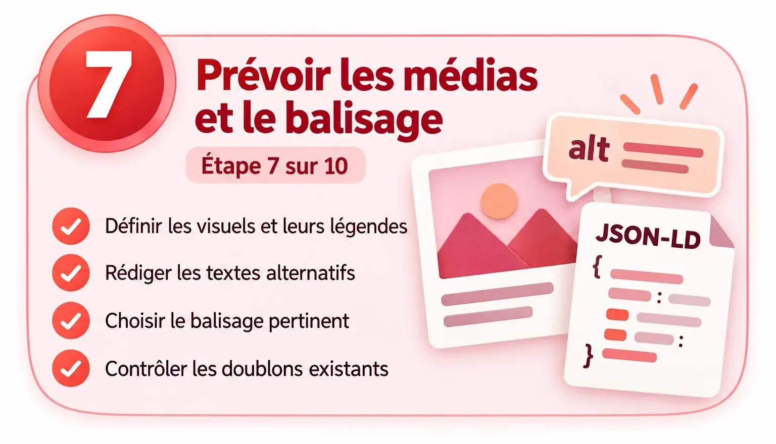 Étape 7 : définir les visuels, rédiger les textes alternatifs et choisir le balisage JSON-LD en contrôlant les doublons.