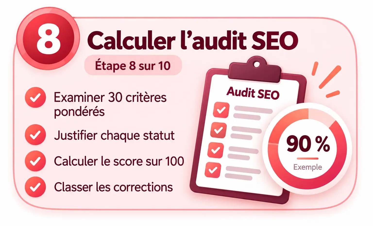 Étape 8 : évaluer 30 critères SEO pondérés et classer les corrections. La jauge de 90 % présente un exemple.