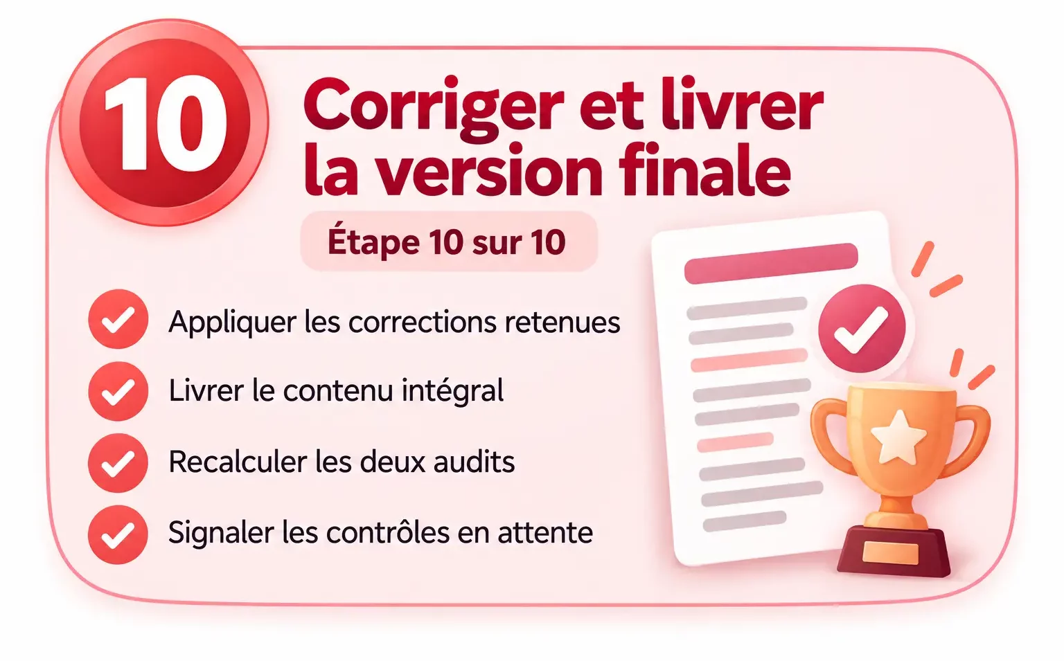 Étape 10 : appliquer les corrections, livrer le contenu intégral, recalculer les deux audits et signaler les contrôles en attente.