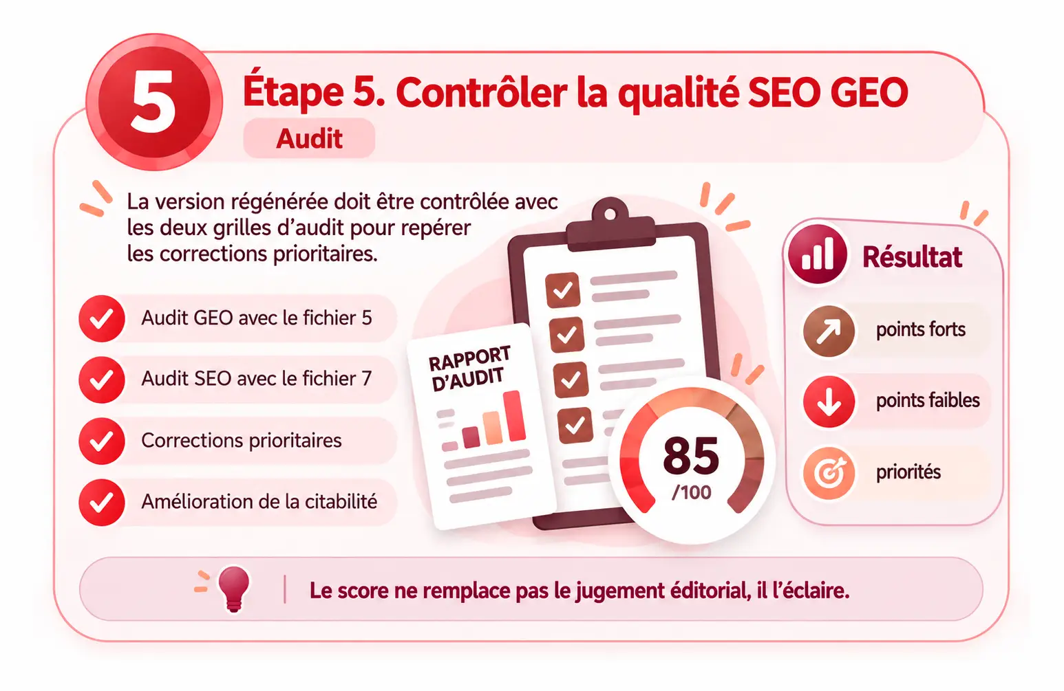 Étape 5. Comparer les critères observés et isoler les corrections prioritaires. La jauge dessinée est illustrative.